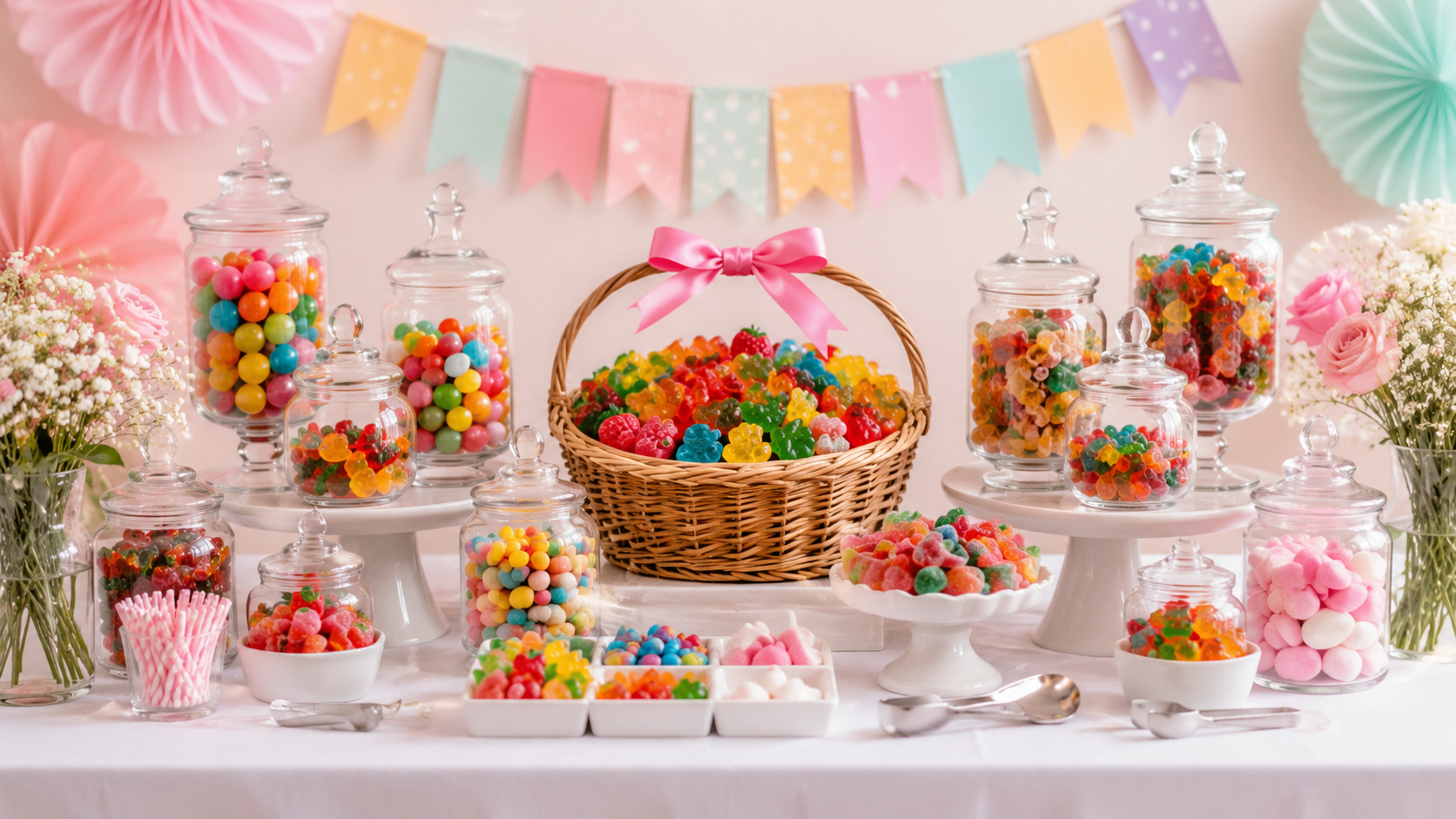 A full pastel candy buffet table with jars, bowls, baskets, and decorations