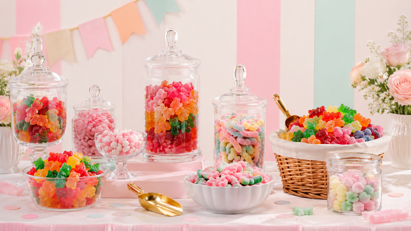 A pastel candy buffet with jars, bowls, and scoops