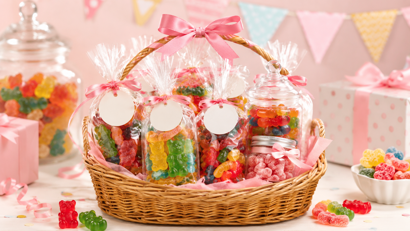 A gift basket filled with gummy candy bags and jars